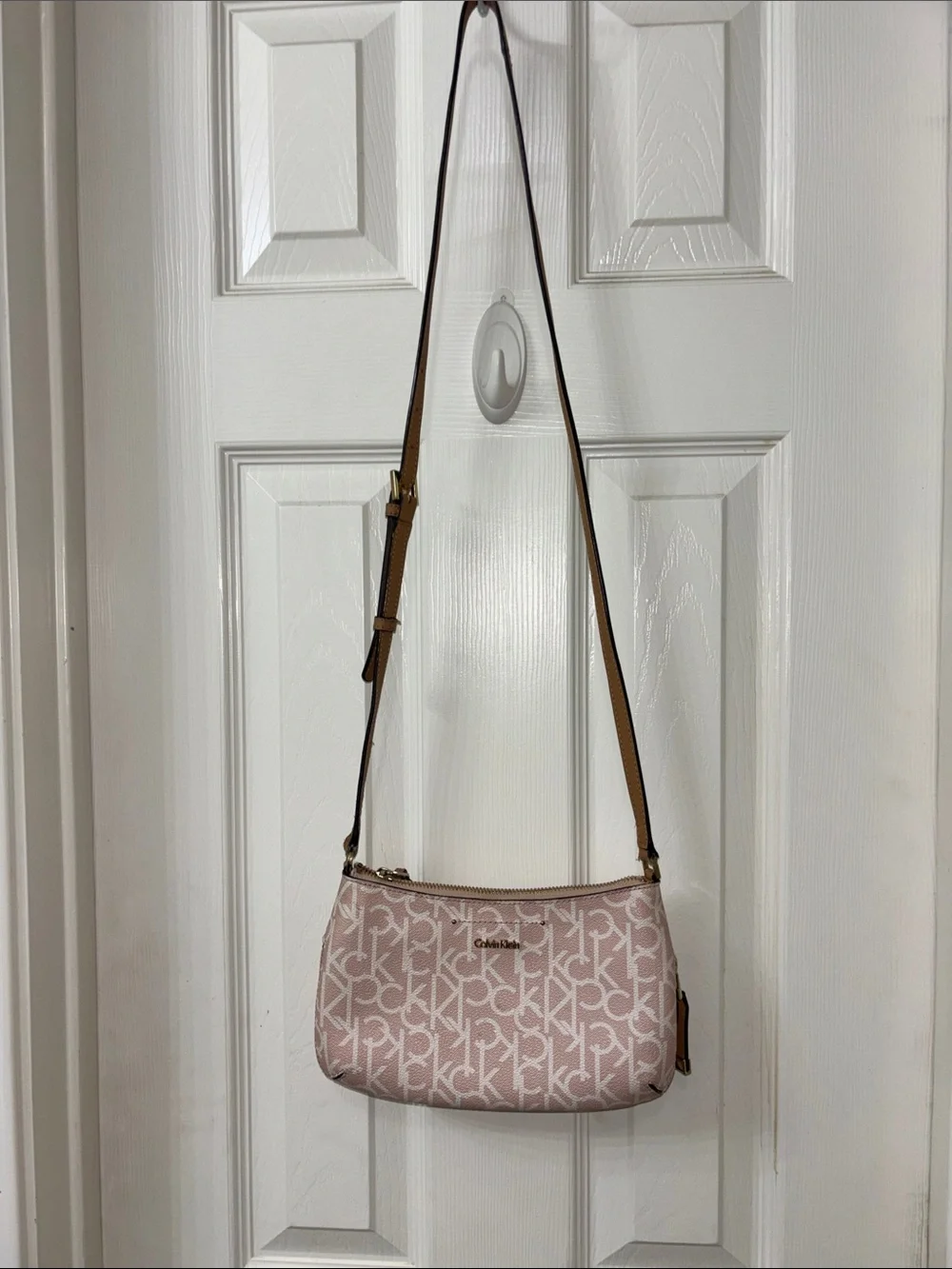 Calvin Klein Pink Logo Monogram Crossbody with Tan Strap